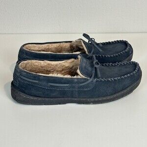 Eddie Bauer Firelight Suede Grey Shearling Lined Moc Slippers L 9.5-10.5